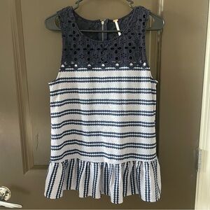 Free People Molly's Retro Eyelet Peplum Tank Top Striped Boho Blue Size Medium